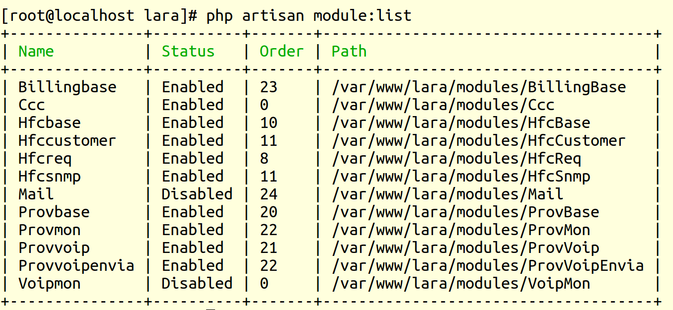 PHP artisan module-list output for nms prime